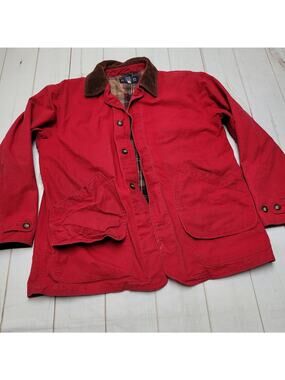 Vintage Lands End red canvas chore field barn coat plaid lined tall country